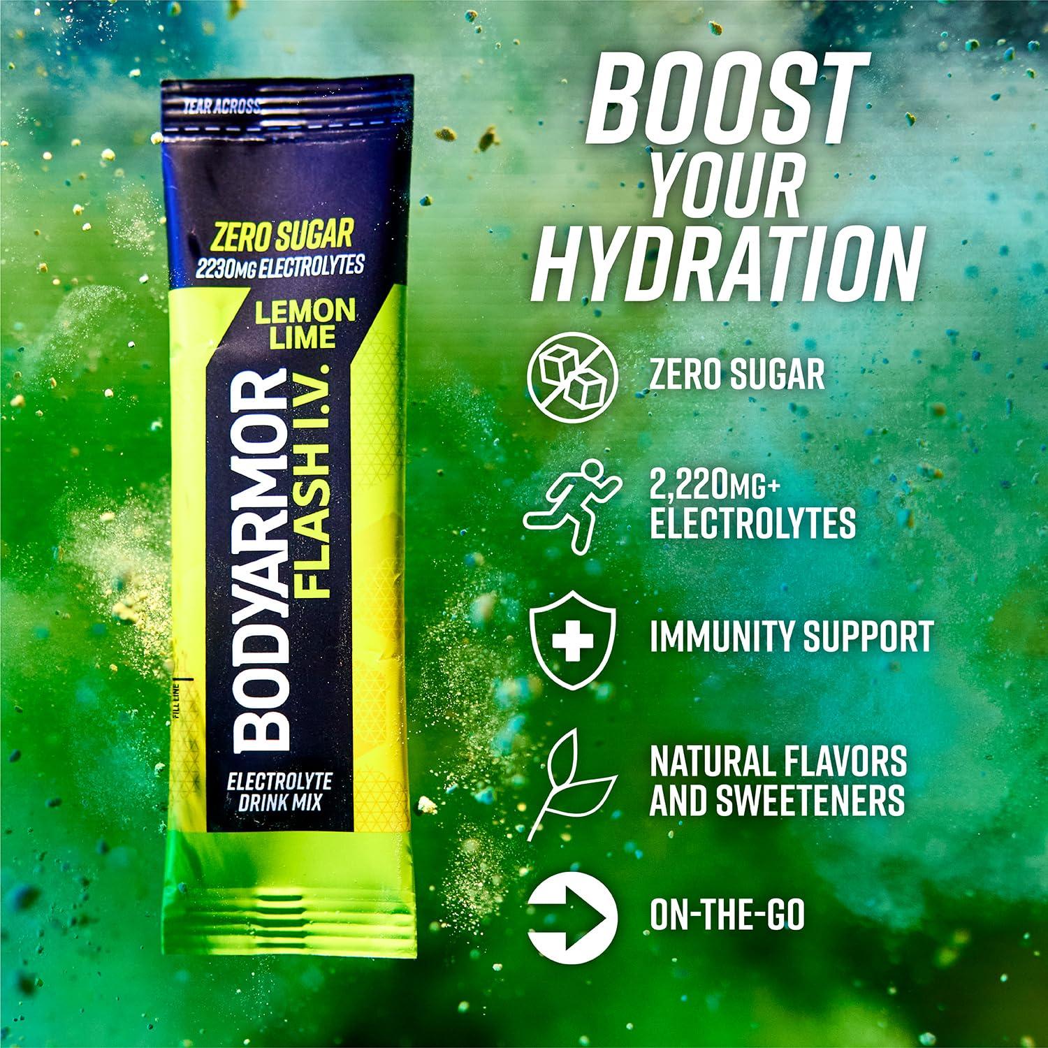 BODYARMOR Flash IV Electrolyte Packets, Lemon Lime – Zero Sugar Drink Mix, Single Serve Packs, Coconut Water Powder (15 Count)(Lemon Lime)
