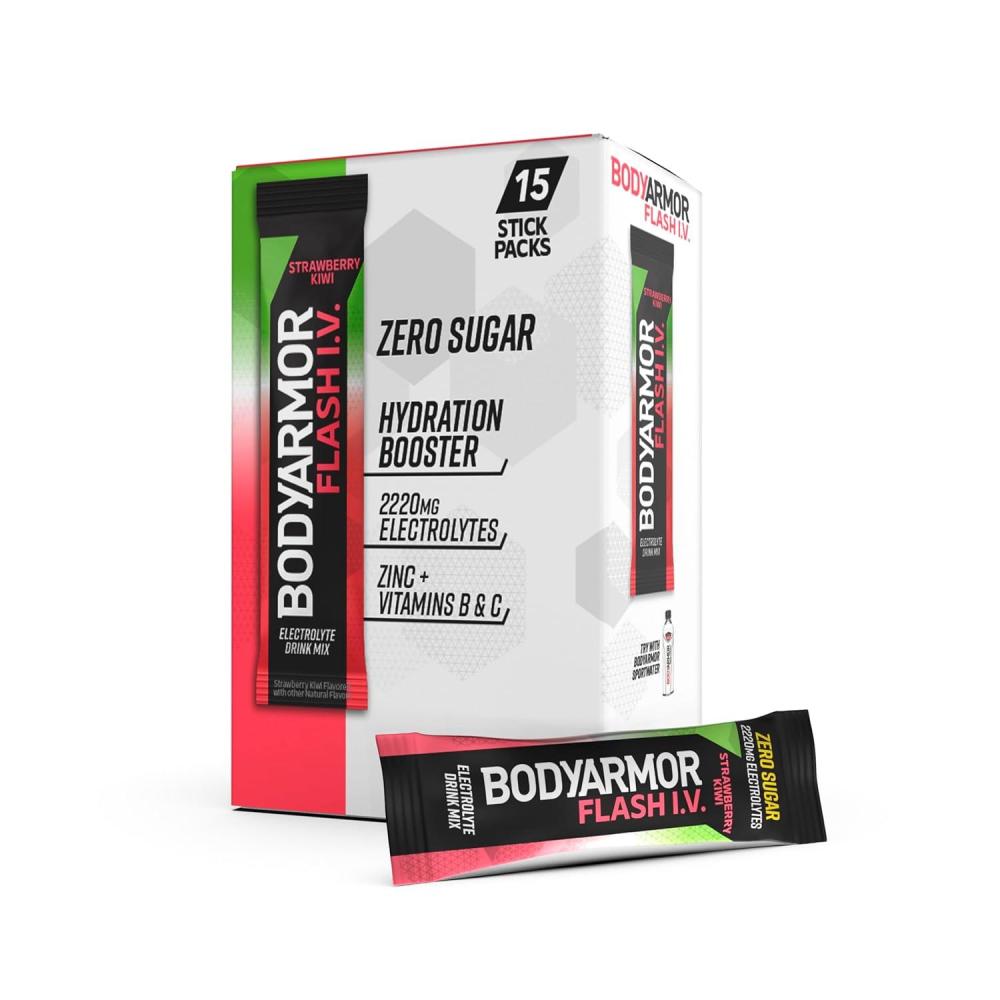 BODYARMOR Flash IV Electrolyte Packets, Lemon Lime – Zero Sugar Drink Mix, Single Serve Packs, Coconut Water Powder (15 Count)(Strawberry Kiwi)