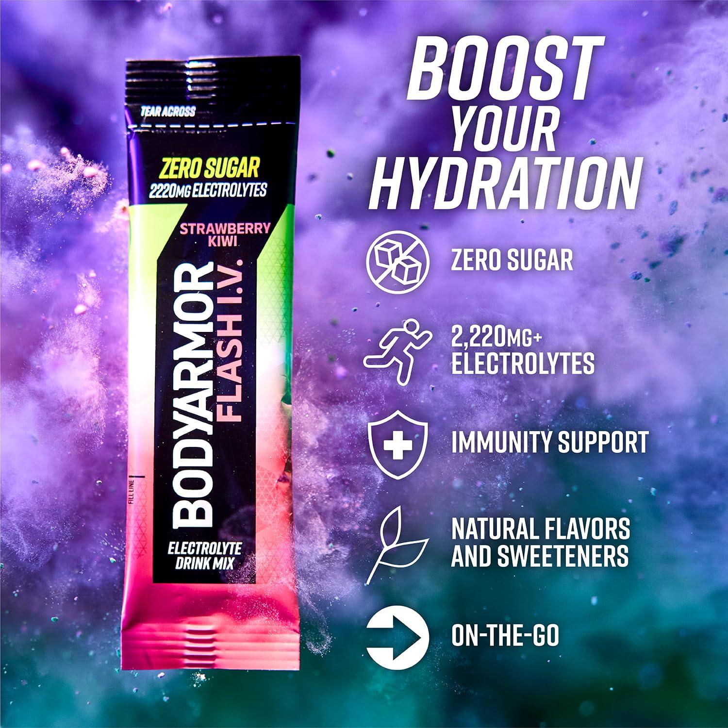 BODYARMOR Flash IV Electrolyte Packets, Lemon Lime – Zero Sugar Drink Mix, Single Serve Packs, Coconut Water Powder (15 Count)(Strawberry Kiwi)