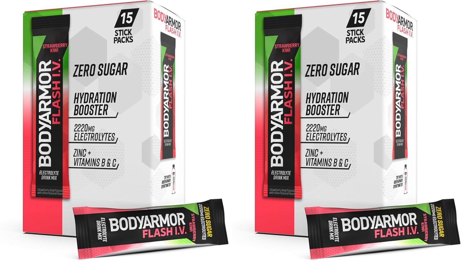 BODYARMOR Flash IV Electrolyte Packets, Lemon Lime – Zero Sugar Drink Mix, Single Serve Packs, Coconut Water Powder (15 Count)(Strawberry Kiwi)