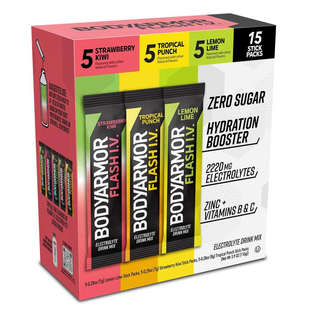 BODYARMOR Flash IV Electrolyte Packets, Lemon Lime – Zero Sugar Drink Mix, Single Serve Packs, Coconut Water Powder (15 Count)(Variety Pack)