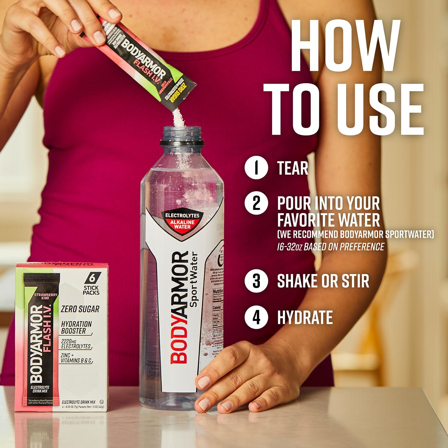 BODYARMOR Flash IV Electrolyte Packets, Strawberry Kiwi – Zero Sugar Drink Mix, Single Serve Packs, Coconut Water Powder (6 Count)