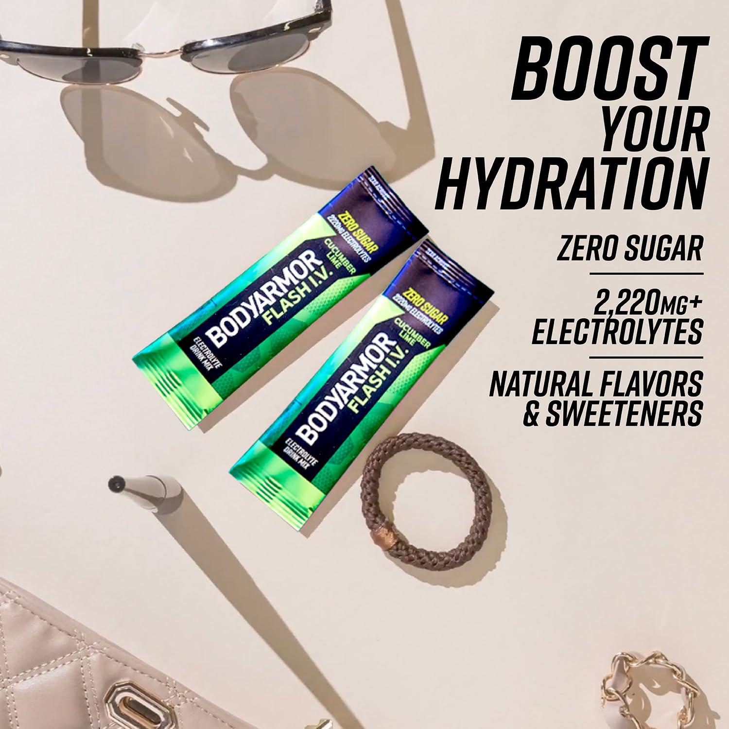 BODYARMOR Flash IV Electrolyte Packets, Cucumber Lime – Zero Sugar Drink Mix, Single Serve Packs, Coconut Water Powder (6 Count)