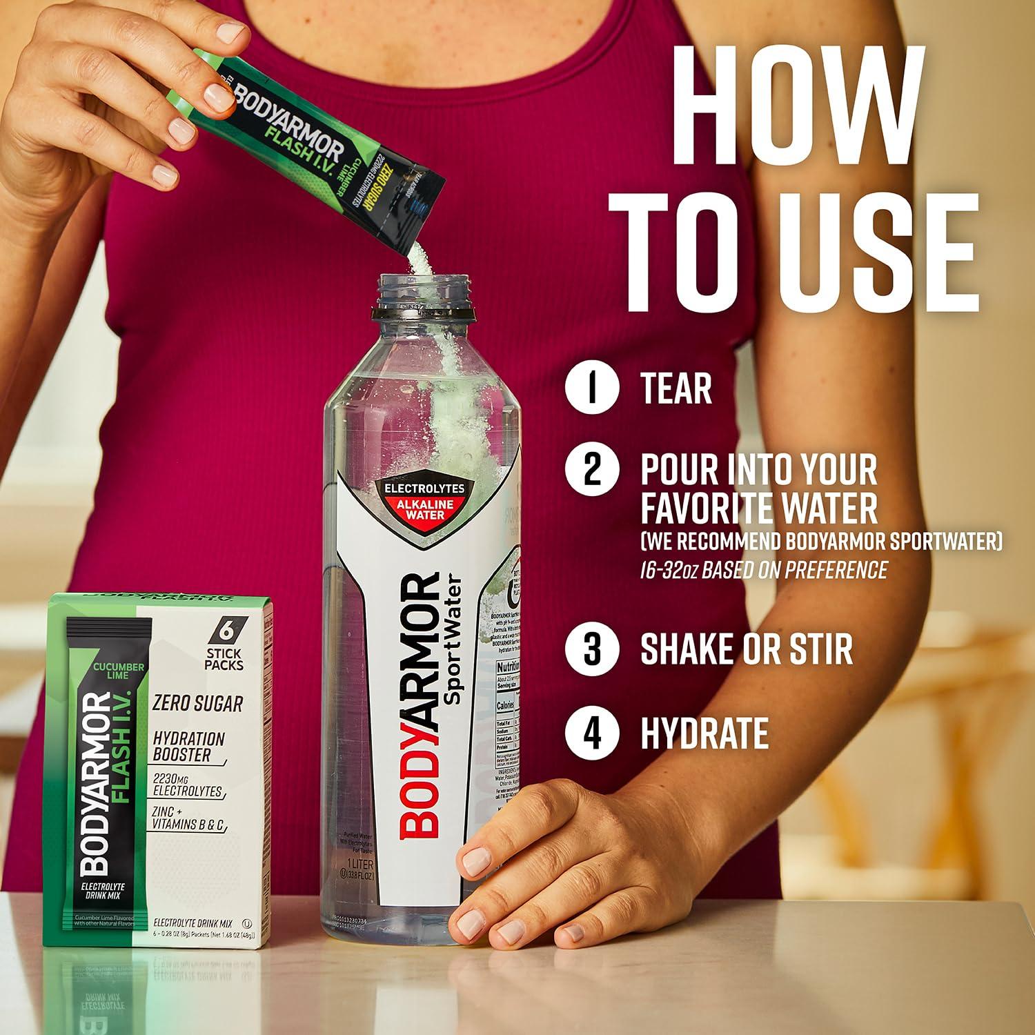 BODYARMOR Flash IV Electrolyte Packets, Cucumber Lime – Zero Sugar Drink Mix, Single Serve Packs, Coconut Water Powder (6 Count)