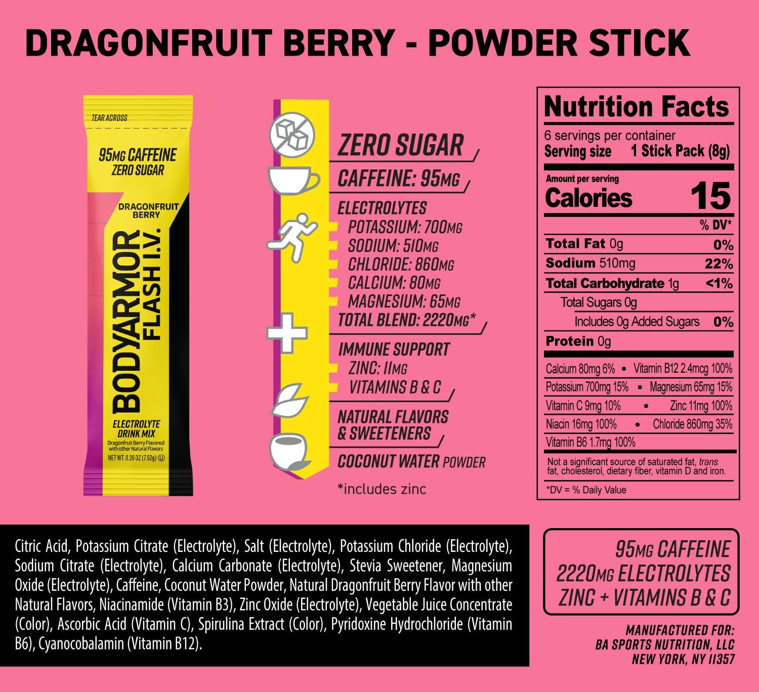 BODYARMOR Caffeinated Flash I.V. Electrolyte Packets – Dragonfruit Berry – Zero Sugar Energy Drink Mix, Single Serve Packs, Hydration for Pre Workout, Travel Essentials, Active Lifestyle (6 Count)