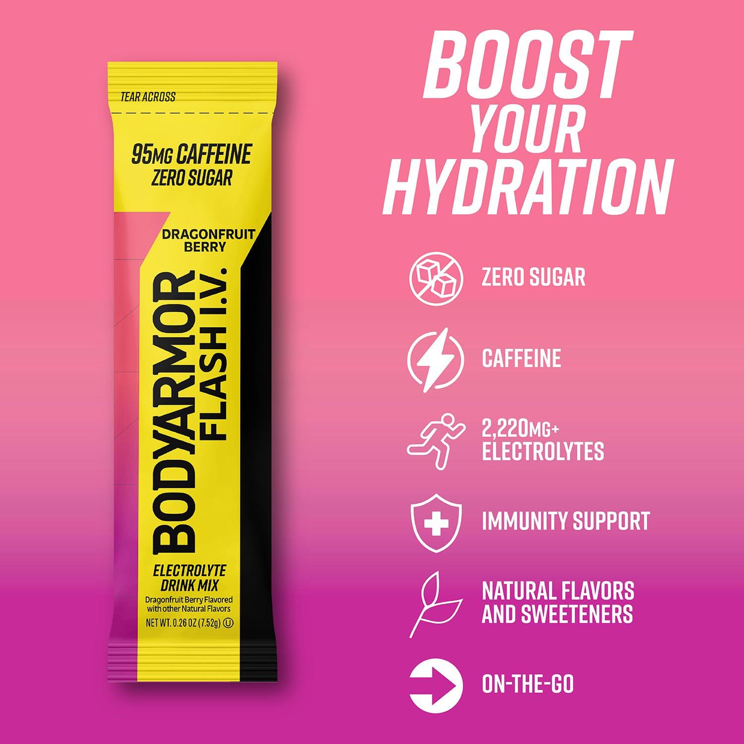 BODYARMOR Caffeinated Flash I.V. Electrolyte Packets – Dragonfruit Berry – Zero Sugar Energy Drink Mix, Single Serve Packs, Hydration for Pre Workout, Travel Essentials, Active Lifestyle (6 Count)
