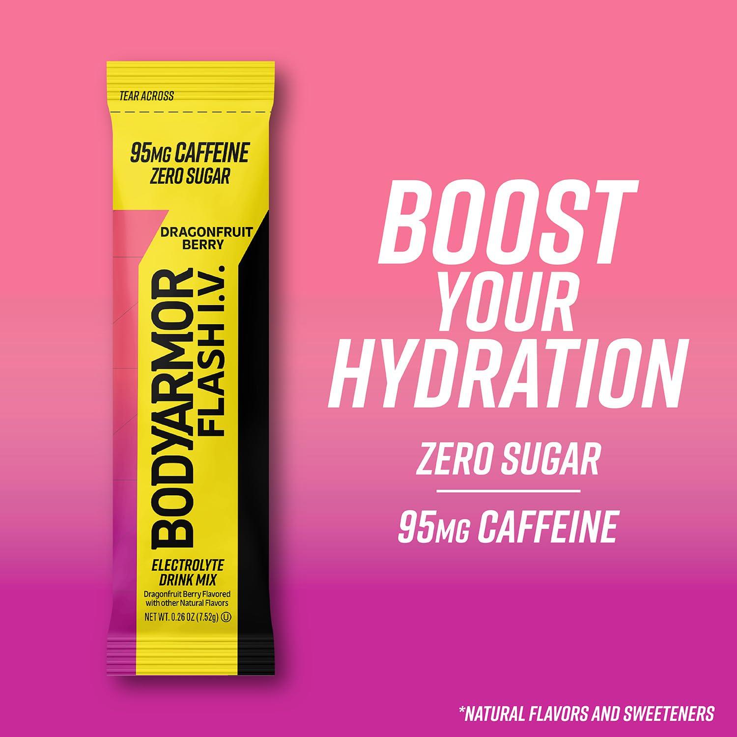 BODYARMOR Caffeinated Flash I.V. Electrolyte Packets – Dragonfruit Berry – Zero Sugar Energy Drink Mix, Single Serve Packs, Hydration for Pre Workout, Travel Essentials, Active Lifestyle (6 Count)