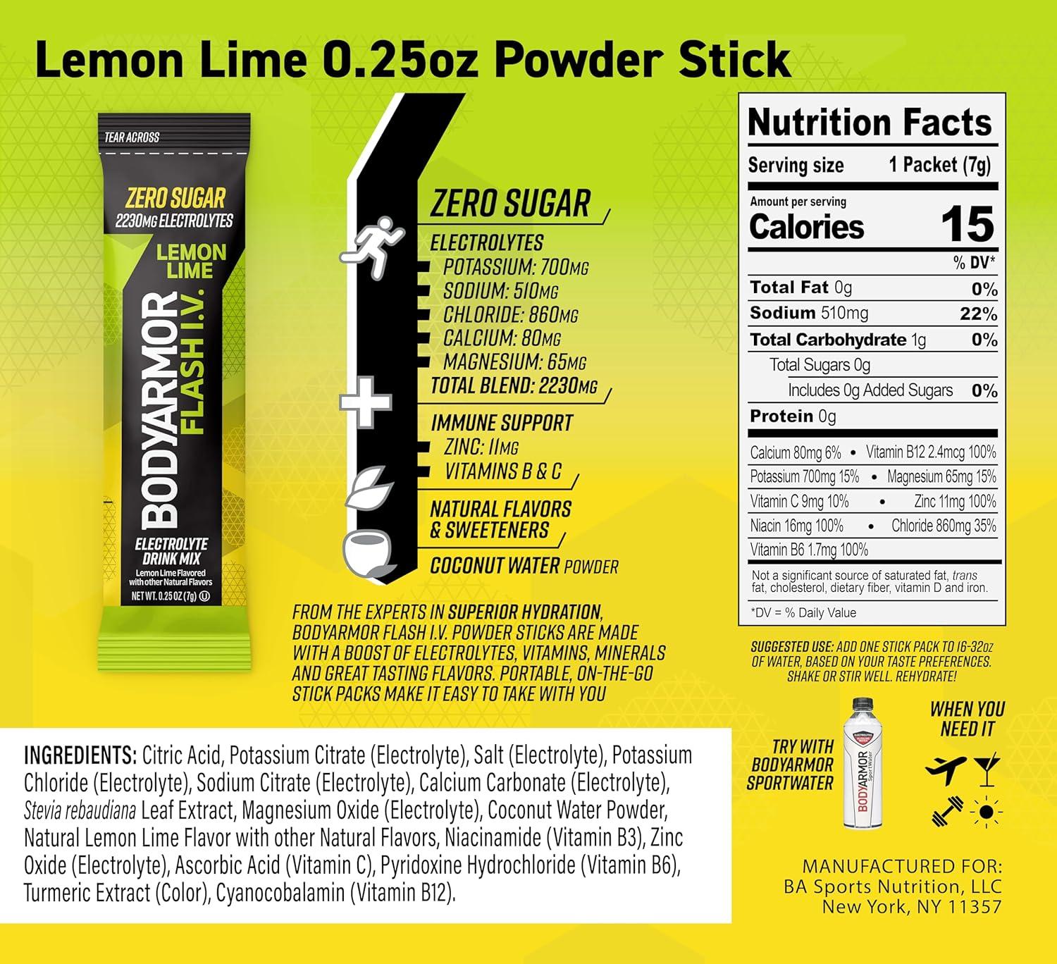 BODYARMOR Flash IV Electrolyte Packets, Lemon Lime – Zero Sugar Drink Mix, Single Serve Packs, Coconut Water Powder (6 Count)