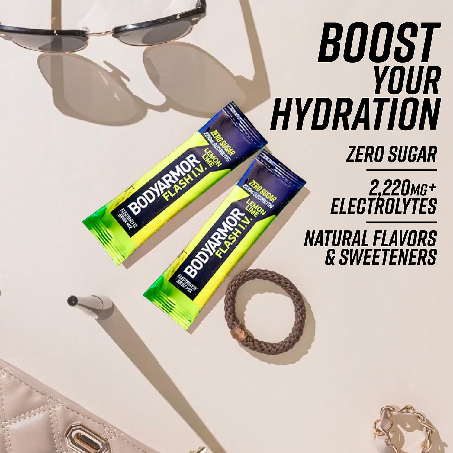 BODYARMOR Flash IV Electrolyte Packets, Lemon Lime – Zero Sugar Drink Mix, Single Serve Packs, Coconut Water Powder (6 Count)