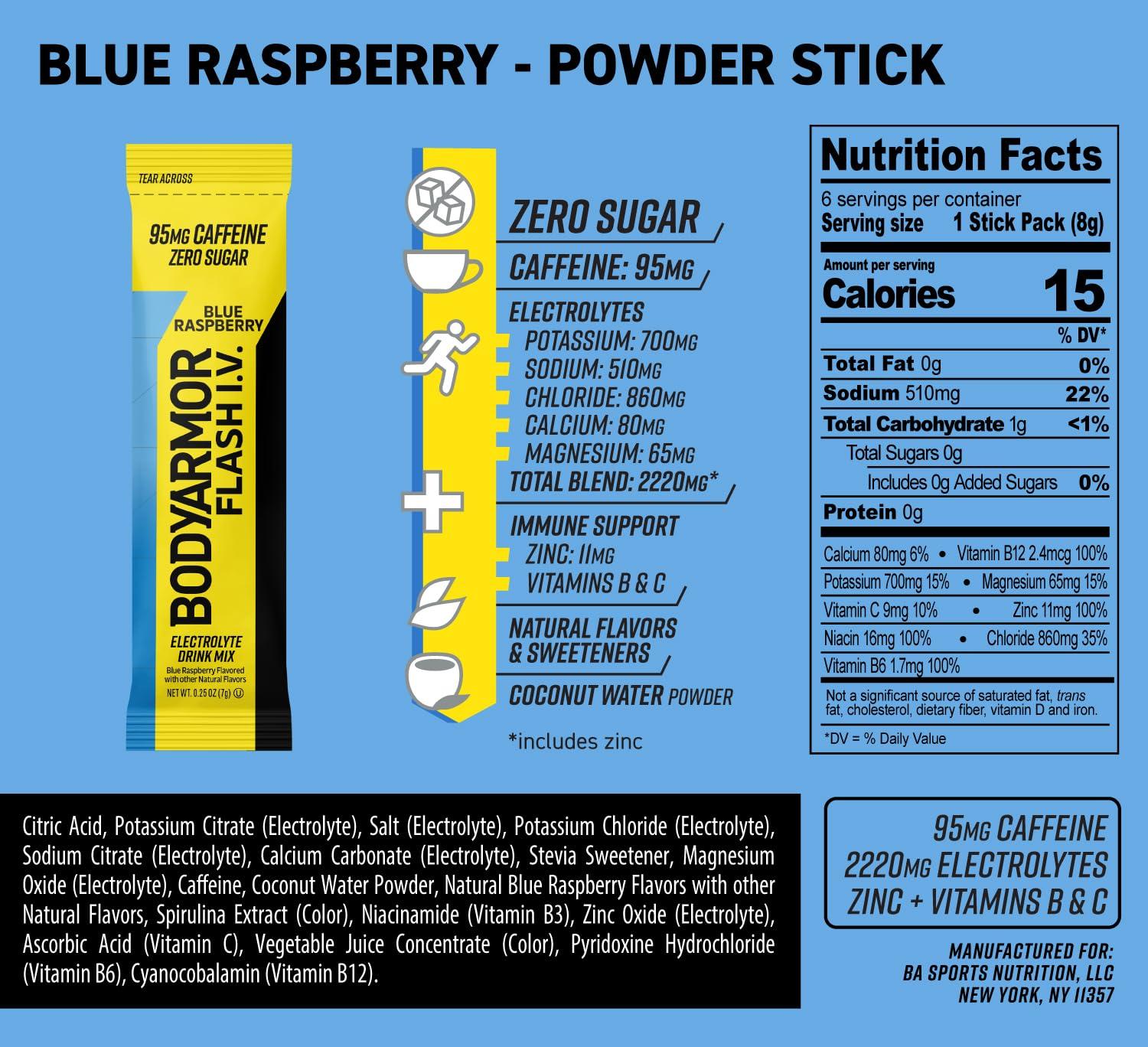 BODYARMOR Caffeinated Flash I.V. Electrolyte Packets Blue Raspberry – Zero Sugar Energy Drink Mix, Single Serve Packs, Hydration for Pre Workout, Travel Essentials, Active Lifestyle (6 Count)