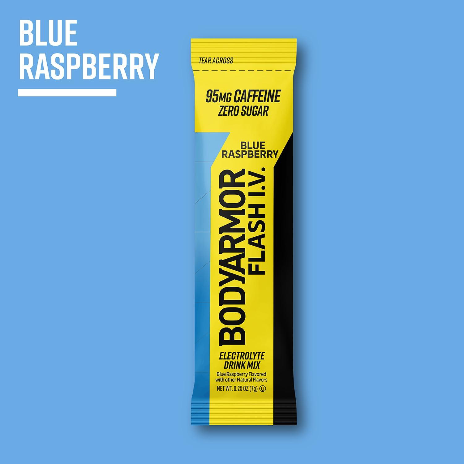 BODYARMOR Caffeinated Flash I.V. Electrolyte Packets Blue Raspberry – Zero Sugar Energy Drink Mix, Single Serve Packs, Hydration for Pre Workout, Travel Essentials, Active Lifestyle (6 Count)