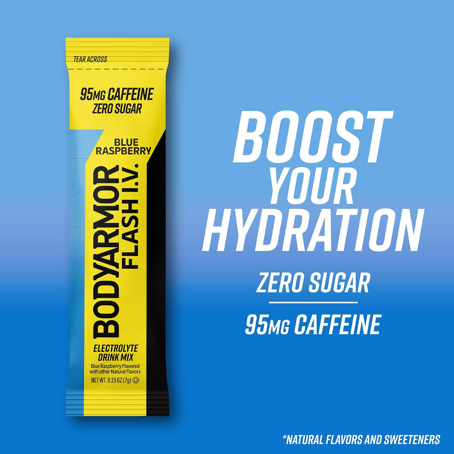 BODYARMOR Caffeinated Flash I.V. Electrolyte Packets Blue Raspberry – Zero Sugar Energy Drink Mix, Single Serve Packs, Hydration for Pre Workout, Travel Essentials, Active Lifestyle (6 Count)