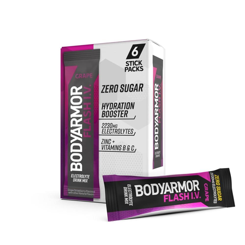 BODYARMOR Flash IV Electrolyte Packets, Grape – Zero Sugar Drink Mix, Single Serve Packs, Coconut Water Powder (6 Count)
