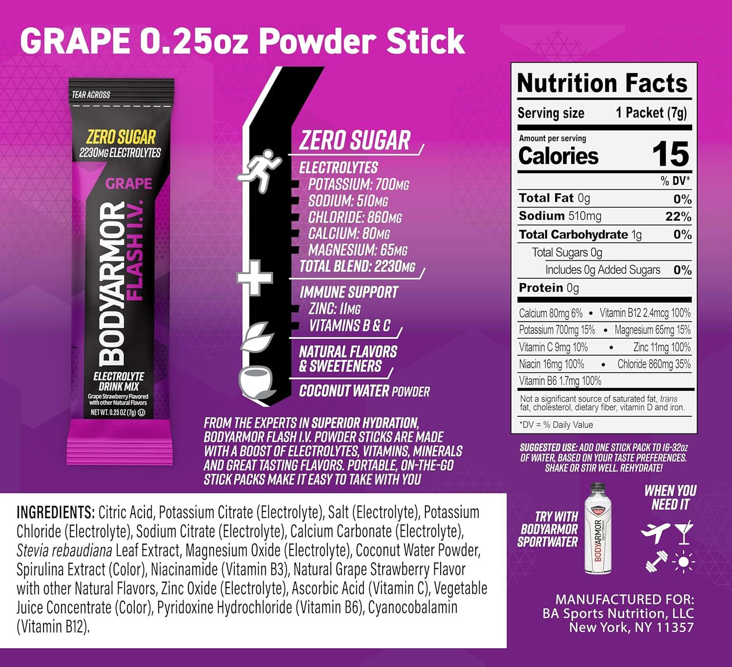 BODYARMOR Flash IV Electrolyte Packets, Grape – Zero Sugar Drink Mix, Single Serve Packs, Coconut Water Powder (6 Count)