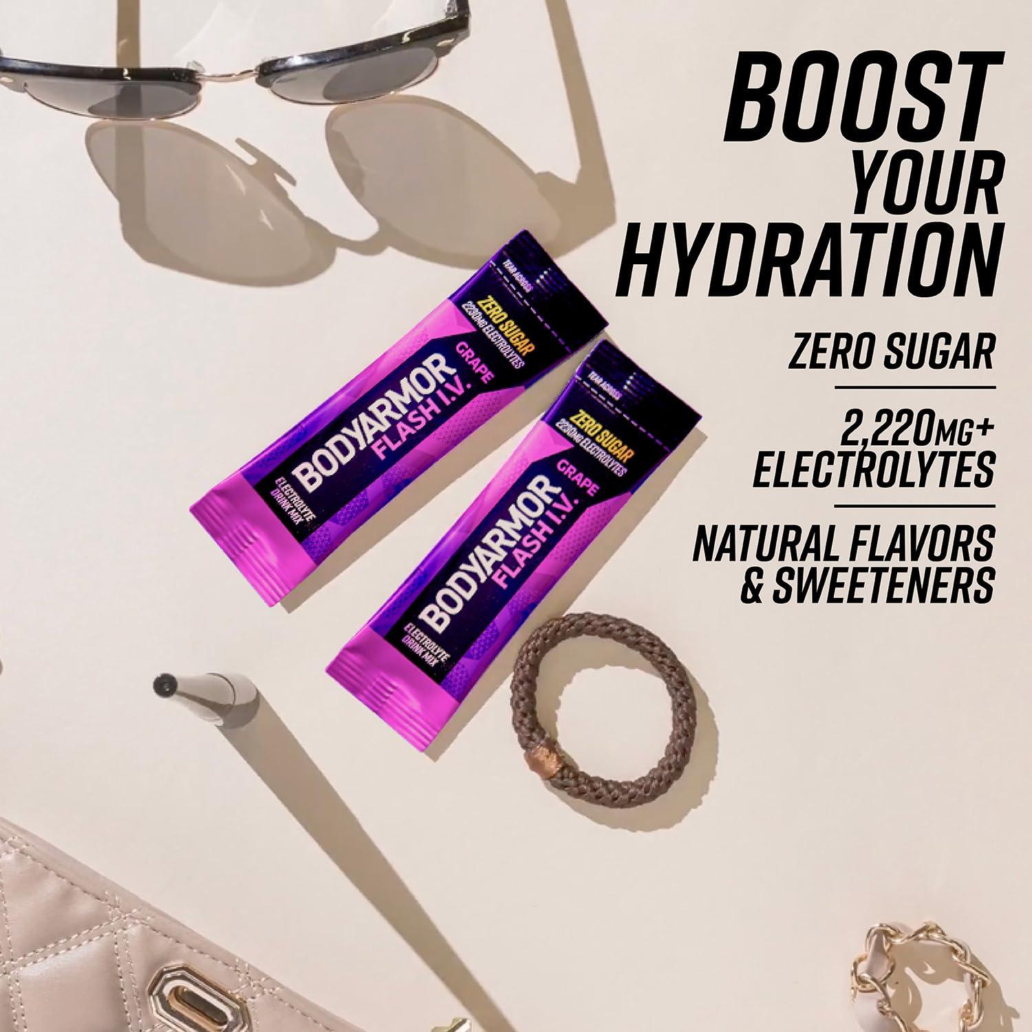 BODYARMOR Flash IV Electrolyte Packets, Grape – Zero Sugar Drink Mix, Single Serve Packs, Coconut Water Powder (6 Count)