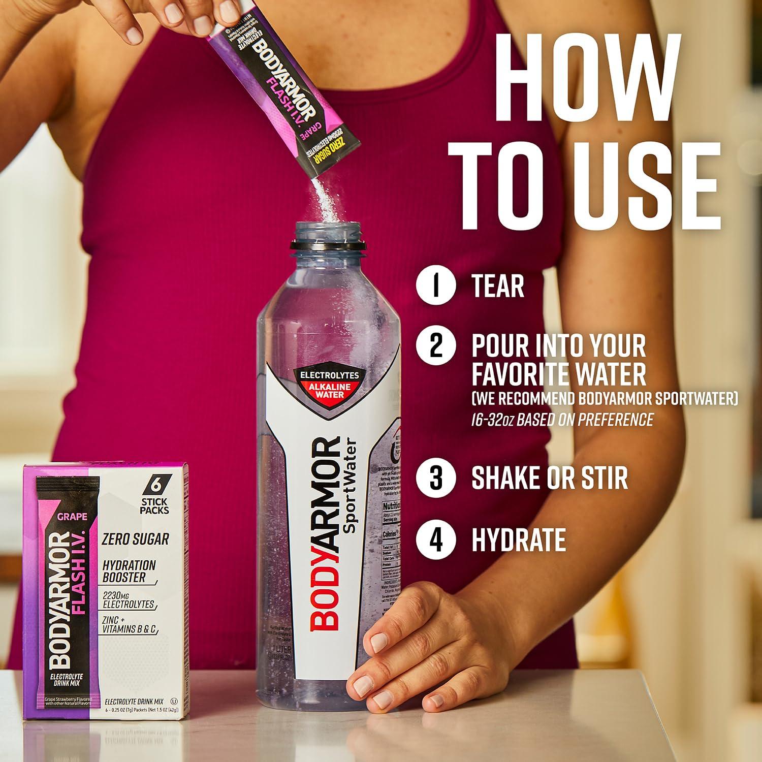 BODYARMOR Flash IV Electrolyte Packets, Grape – Zero Sugar Drink Mix, Single Serve Packs, Coconut Water Powder (6 Count)