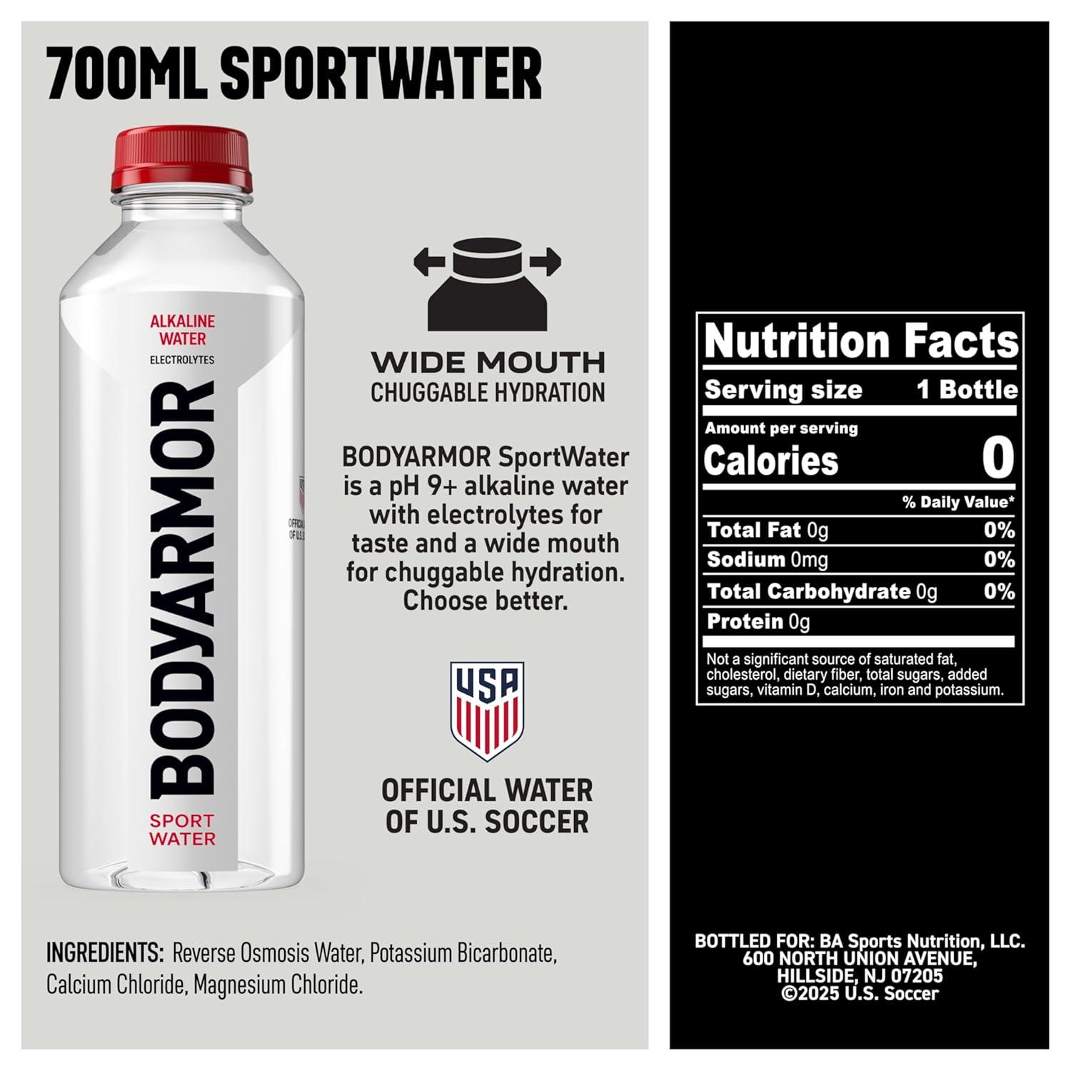 BODYARMOR SportWater Alkaline Water, Superior Hydration, High Alkaline Water pH 9+, Electrolytes, Perfect for your Active Lifestyle, 700mL (Pack of 24)