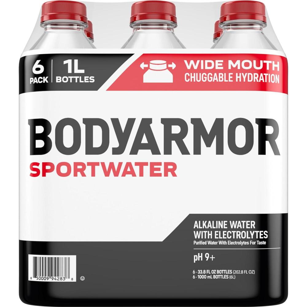 BODYARMOR SportWater Alkaline Water, High Alkaline Bottled Water, pH 9+, 1 Liter (6 Pack), Refreshing Electrolyte Water Pack, Wide Mouth Bottle([‘Alkaline – Bottle’])