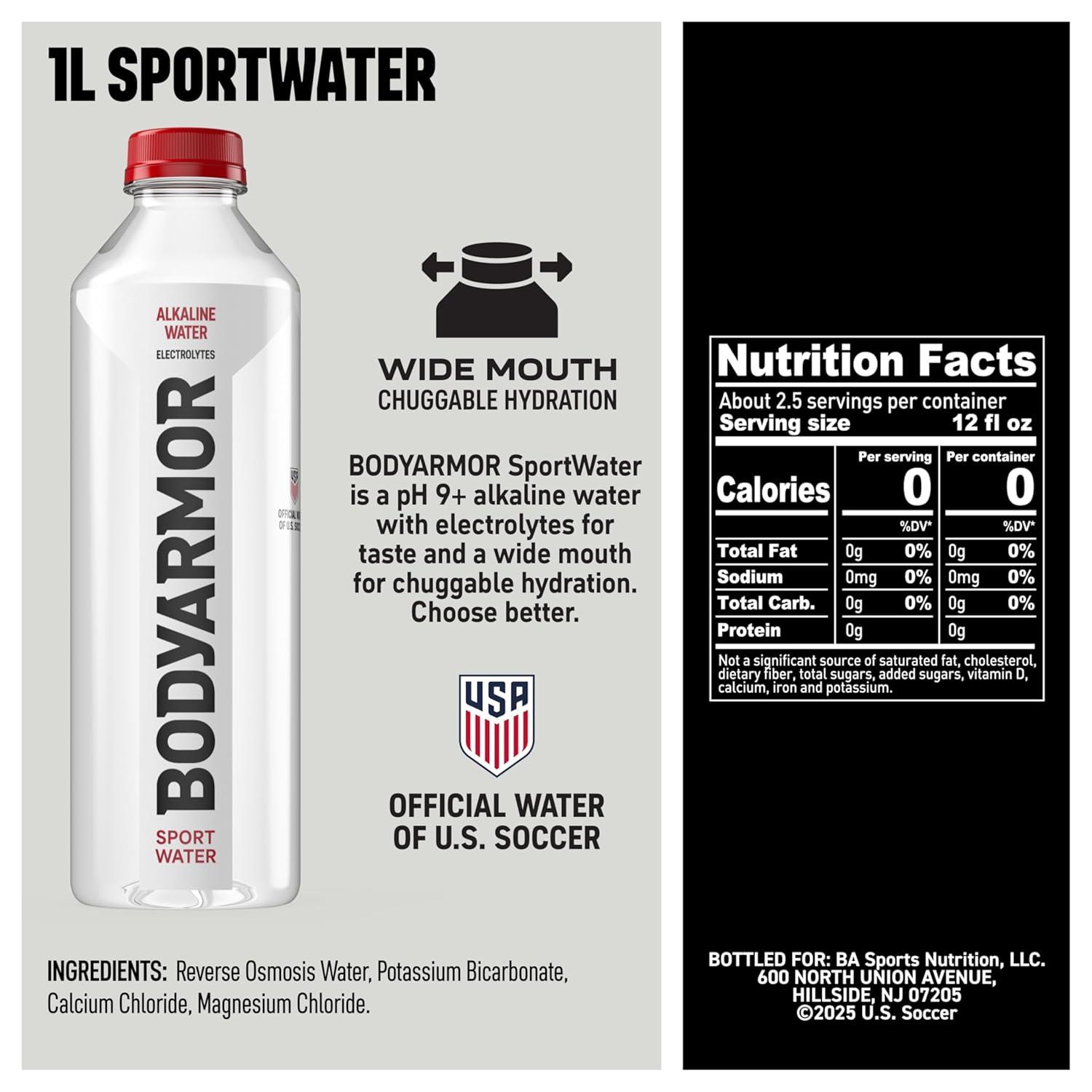 BODYARMOR SportWater Alkaline Water, High Alkaline Bottled Water, pH 9+, 1 Liter (6 Pack), Refreshing Electrolyte Water Pack, Wide Mouth Bottle([‘Alkaline – Bottle’])